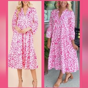 Boutique Pink White Animal Print Satin Tiered Ruffle Flowy Maxi Dress 1X-3X NEW